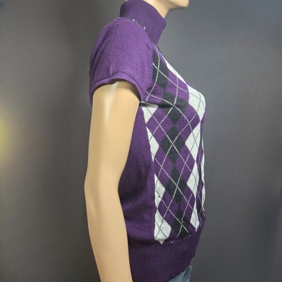 Y2K Purple Argyle Sweater Size L Cap Sleeve Fitted Office Siren Academia Preppy - Picture 9 of 11